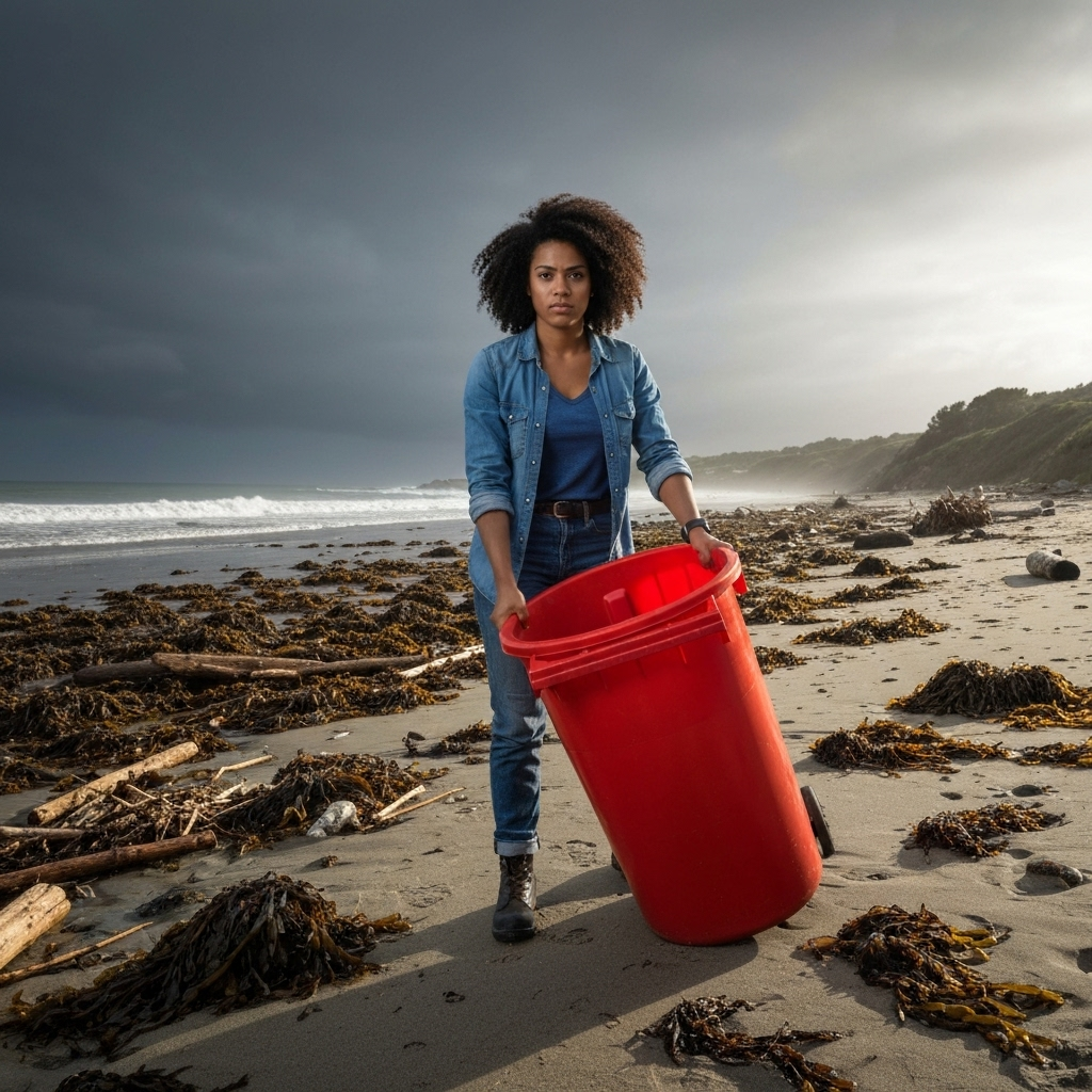 Carmen cleaning up debris on beach after storm