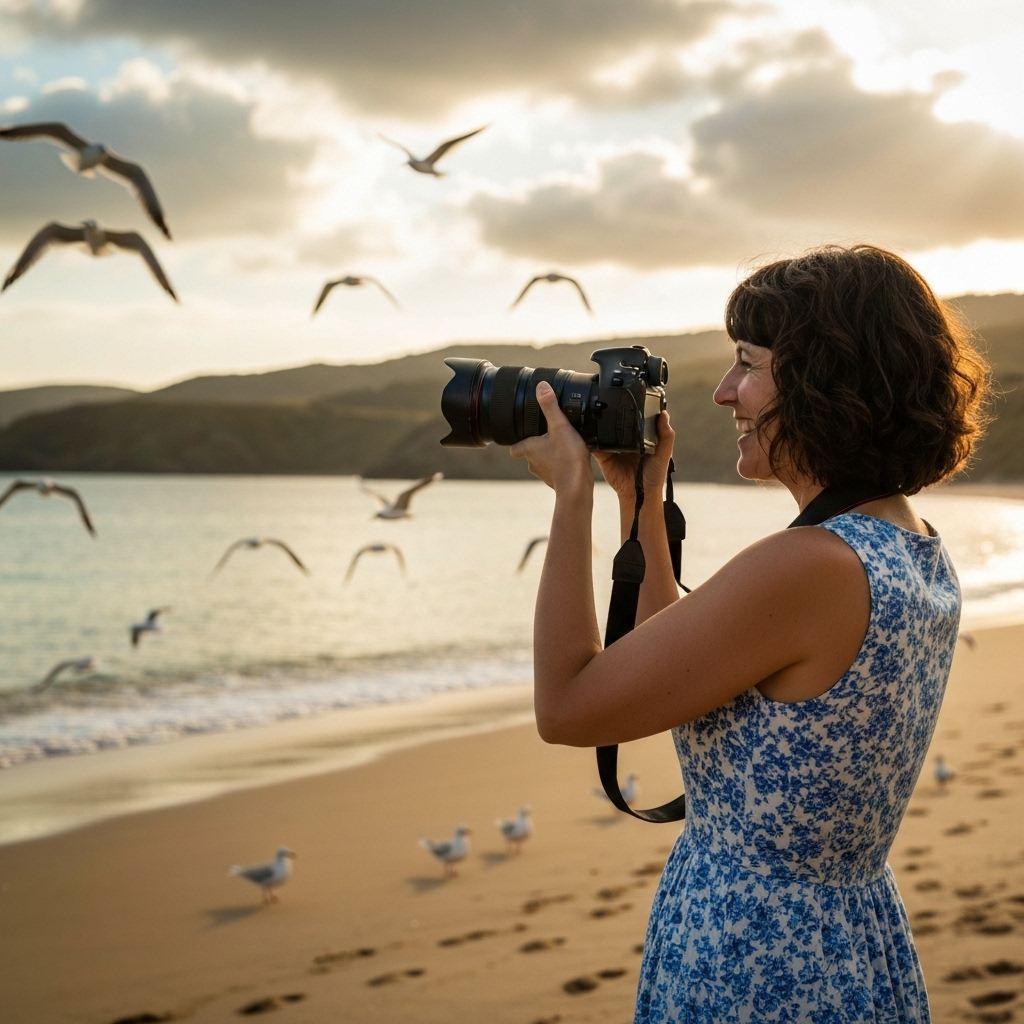Carmen photographing seabirds on a pristine beach