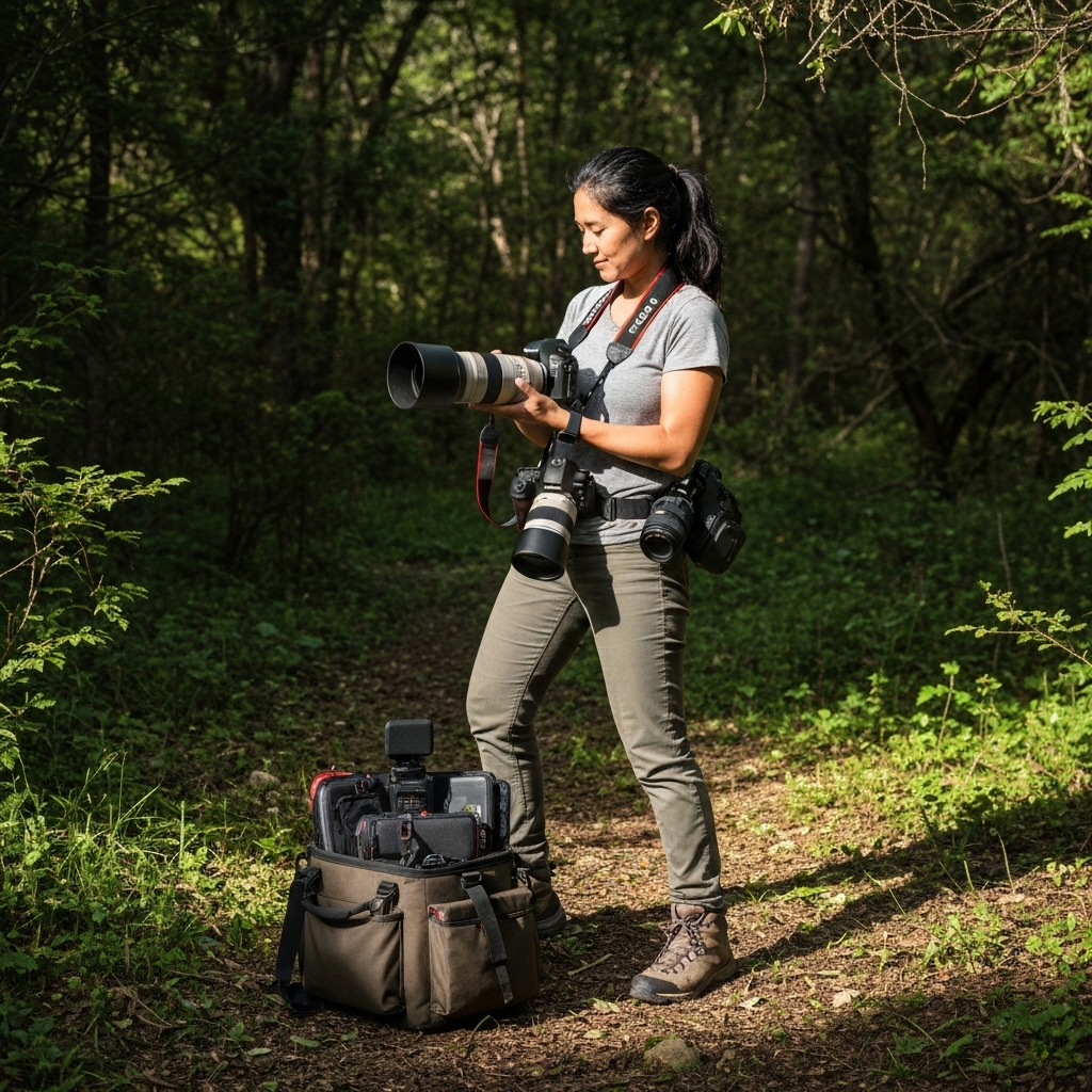 Carmen with professional wildlife photography equipment